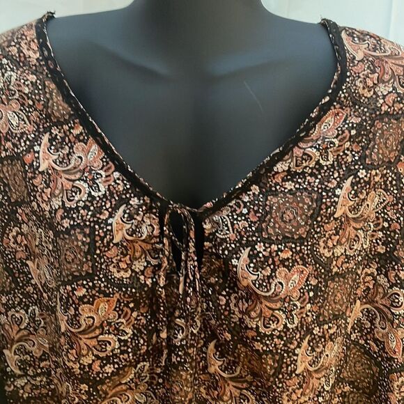 Size 26/28 Venezia Jeans short ruffle sleeve v-neck floral print brown tunic top - Picture 2 of 16